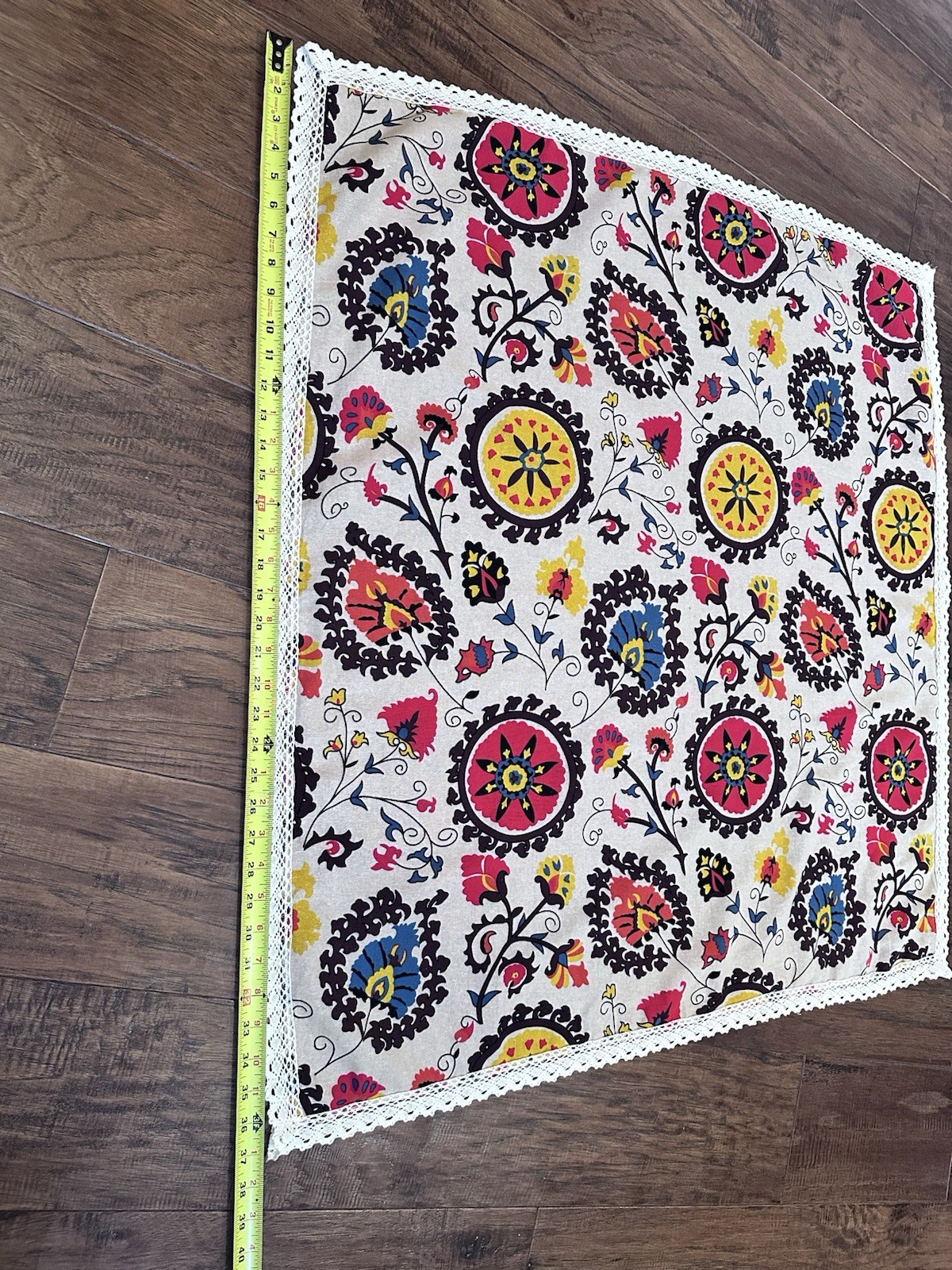 Vintage Bohemian Suzani, Medallion Floral Print, with Lace Trim.