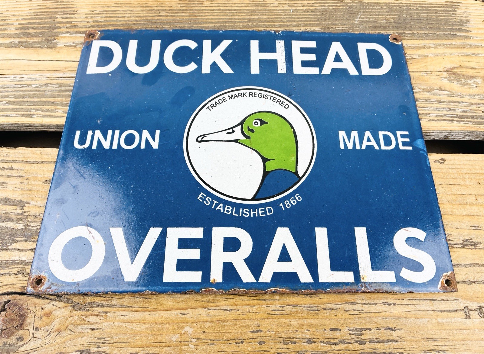VINTAGE Duck Head OVERALLS UNION MADE PORCELAIN SERVICE PUMP STATION GAS SIGN