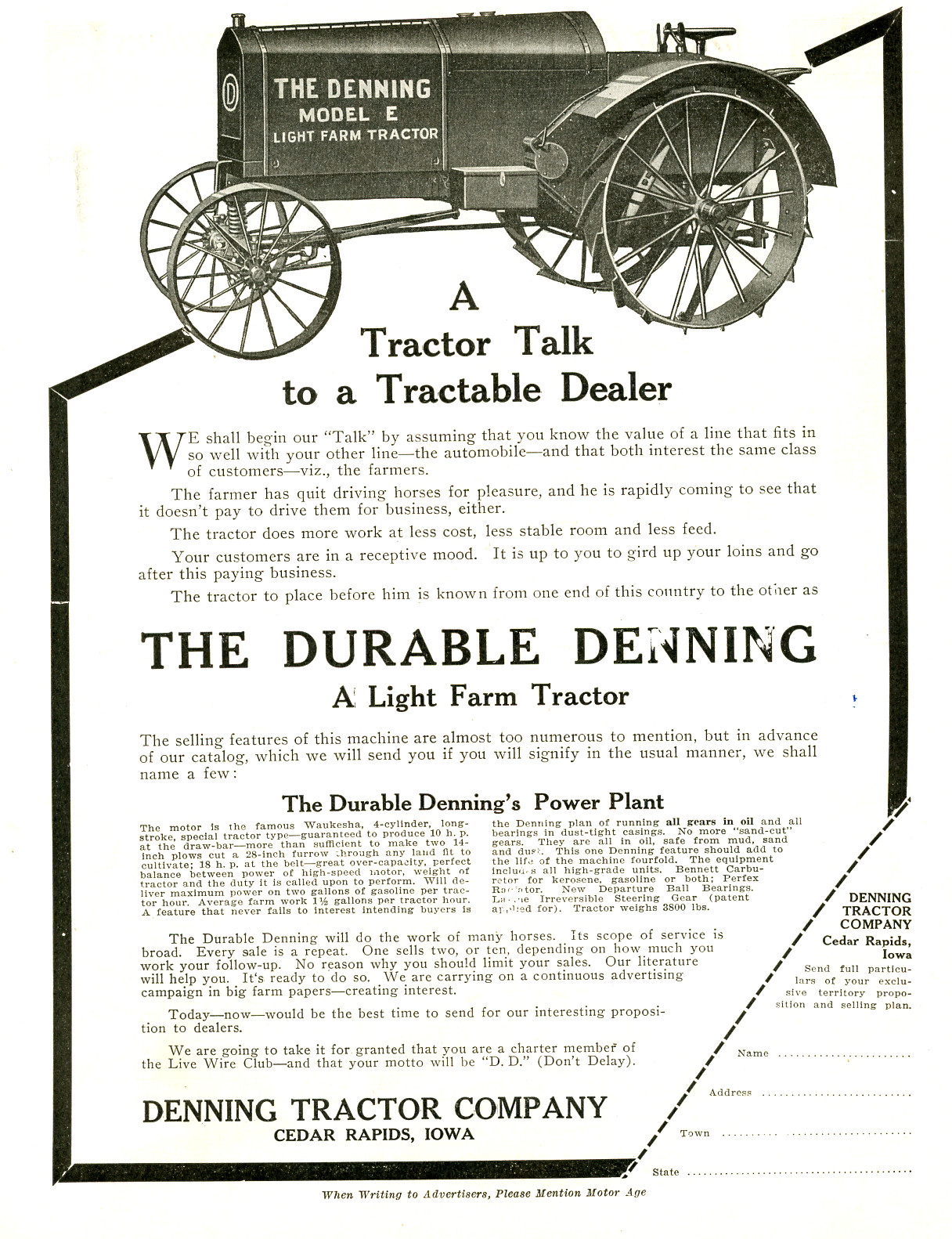 1916 Original Durable Denning Light Farm Tractor Ad. Cedar Rapids, Iowa