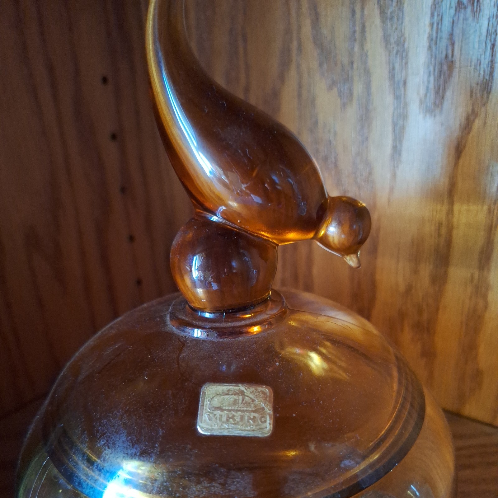  1960s VIKING STAMPED  VTG Tailed Bird Amber Glass Candy Jar & lid. GORGEOUS