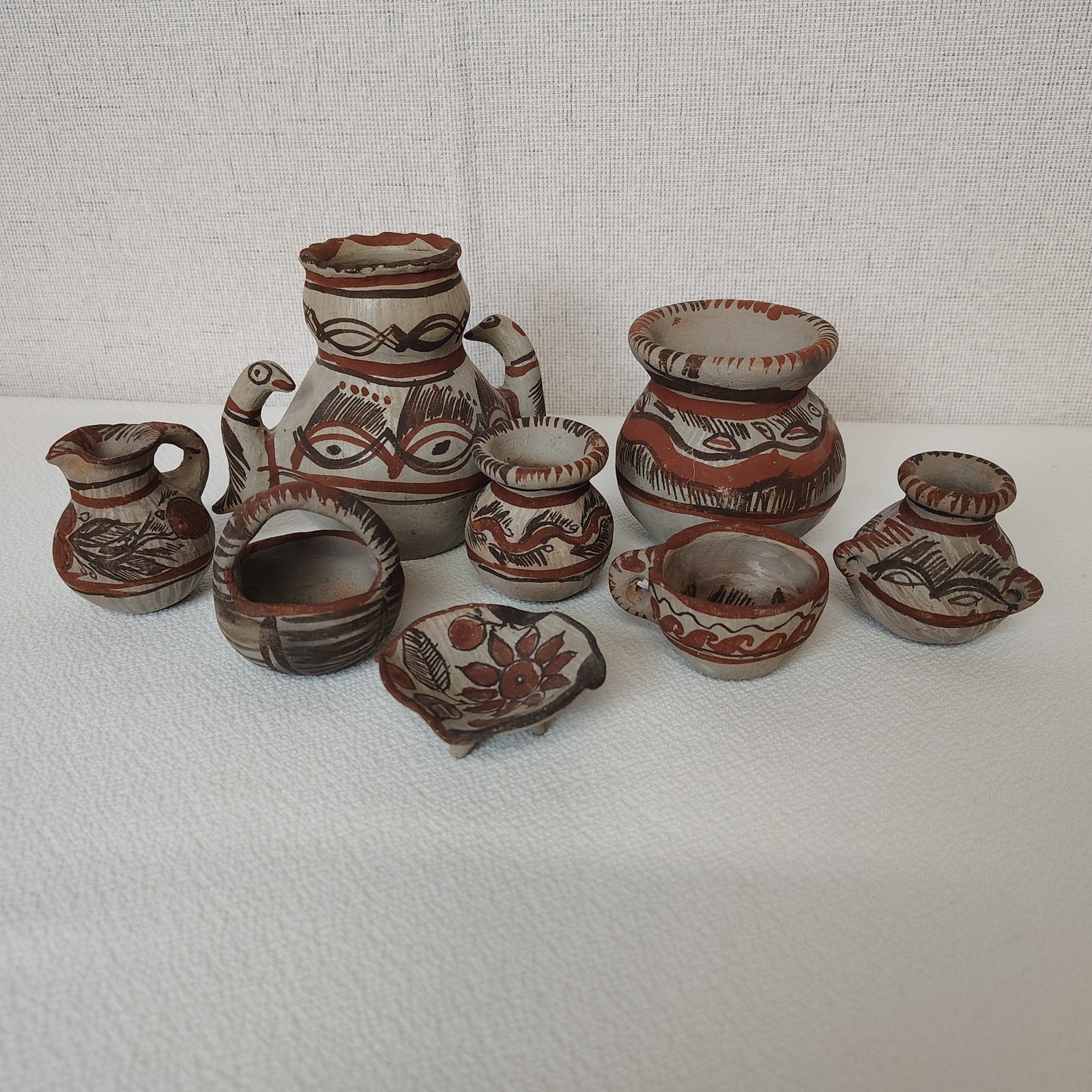 Vintage Mexican Folk Art Mini Pottery 9pc Tonala Style Boho Southwestern Clay Vintage Mexican Folk Art Mini Pottery 9pc Tonala Style Boho Southwestern Clay