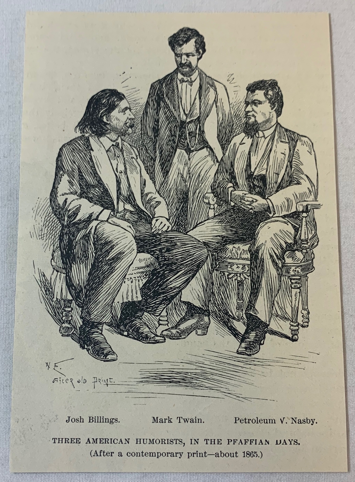 1896 magazine engraving ~ JOSH BILLINGS, MARK TWAIN, PETROLEUM V NASBY