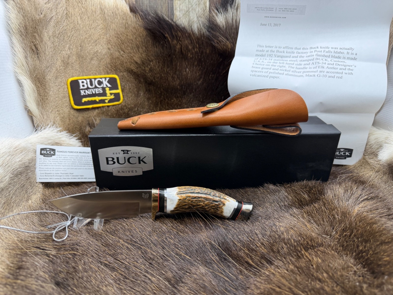 2017 Buck 192 Vanguard Knife Elk Antler Handles & Leather Sheath Mint Box RARE