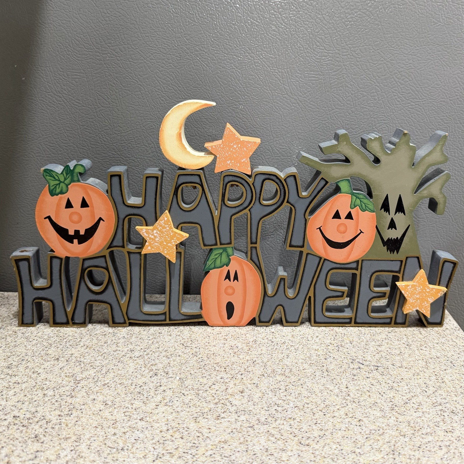Vtg Happy Halloween Wood Sign Tabletop Mantel Home Decor Jack O\'Lantern 14”x7.5”