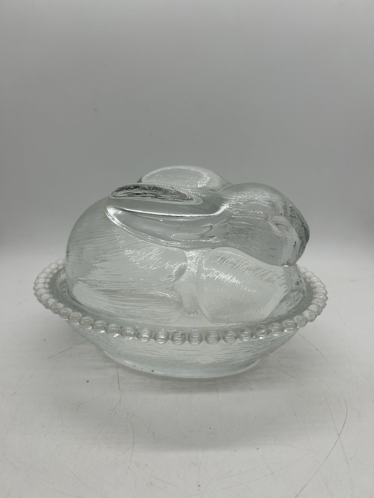 Vintage Indiana Glass Bunny Rabbit on Nest Clear Covered Candy Dish Easter 7