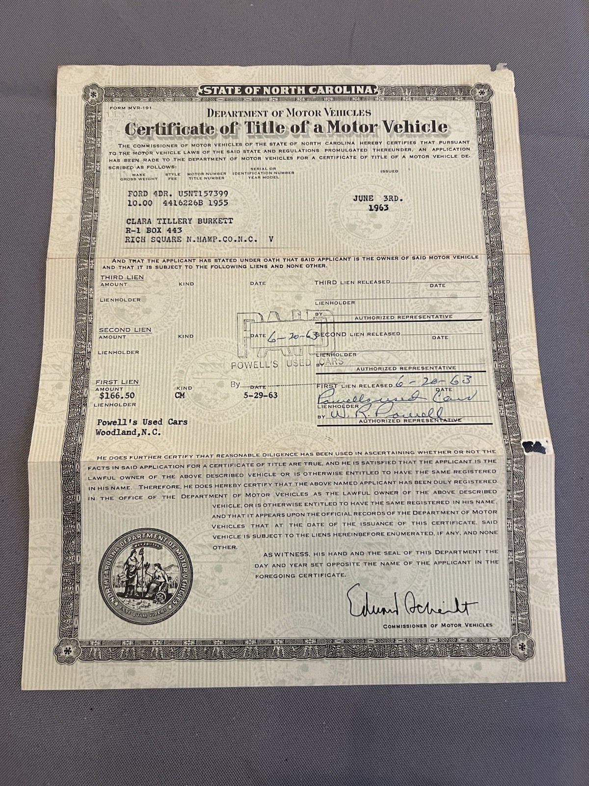 Genuine Original 1955 Ford Fairlane 4 Door NC Car Title U5NT1