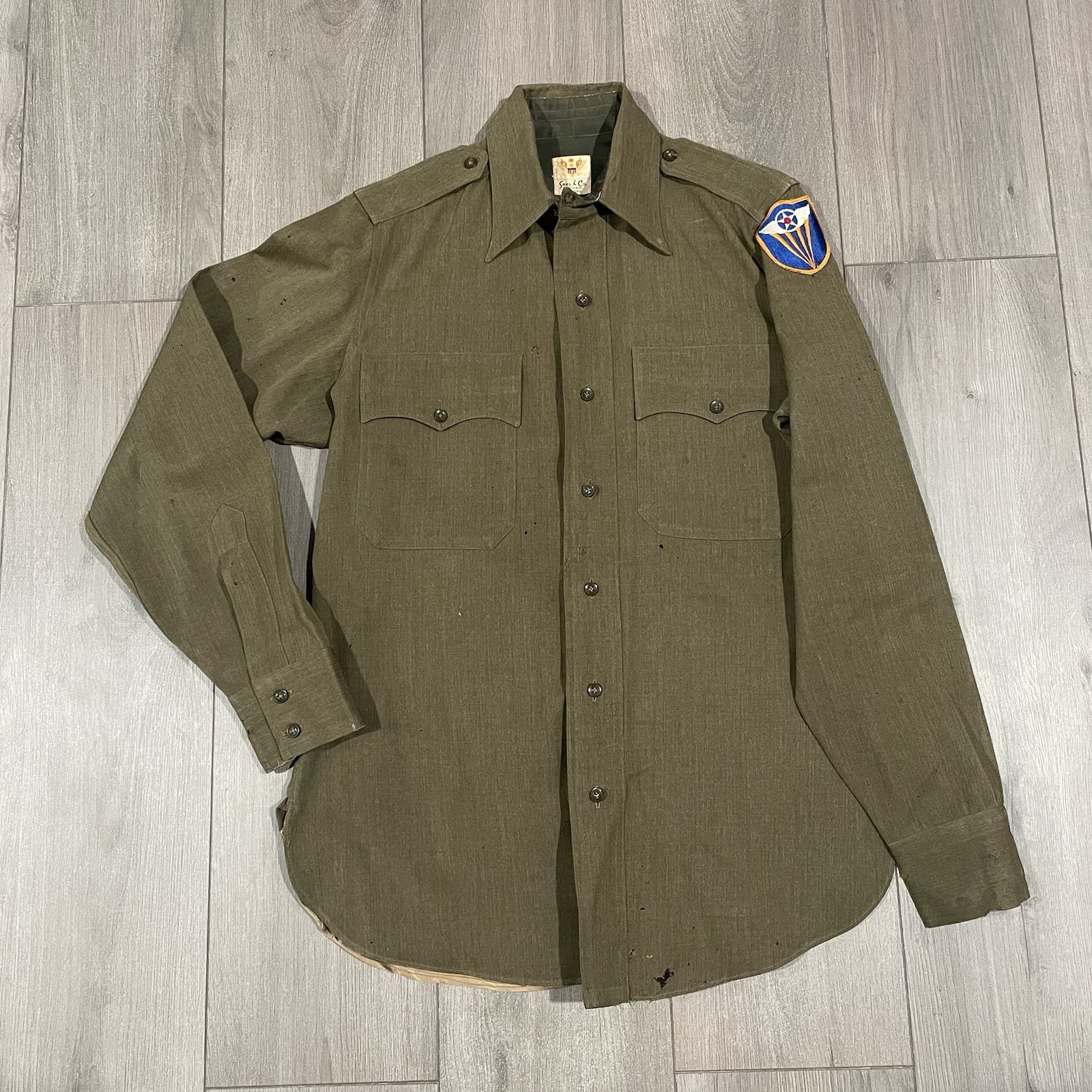 WW2 40s US Air Force Military Fatigue Collared Shirt Saks 5th Ave Wool Chinstrap