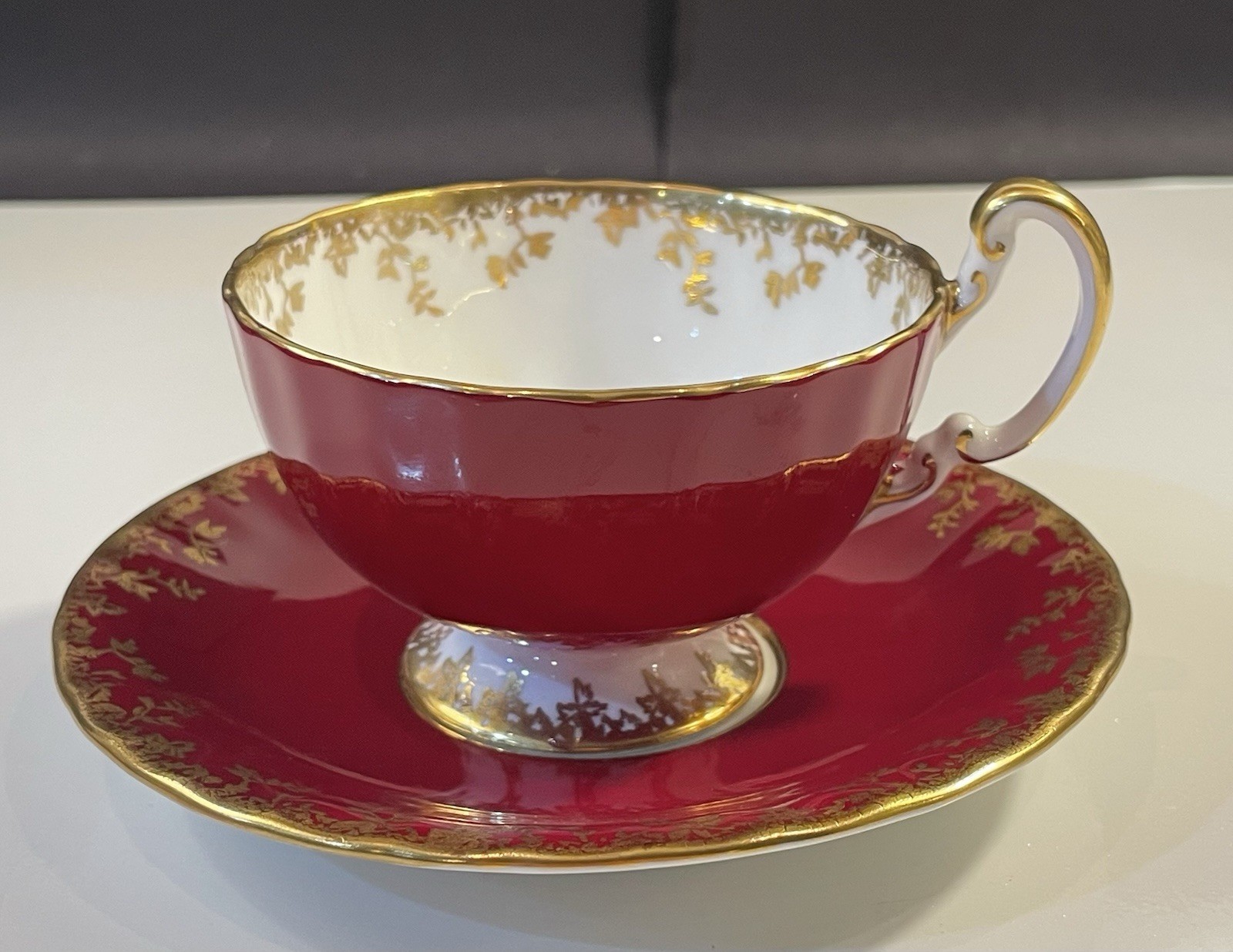 Near Mint Vintage Aynsley Fine Bone China Maroon & Gold Cup Saucer Set 1930s