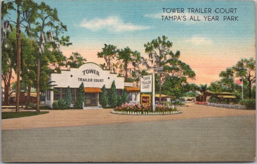 c1950s TAMPA, Florida Postcard TOWER TRAILER COURT Highway 541 Linen / Unused