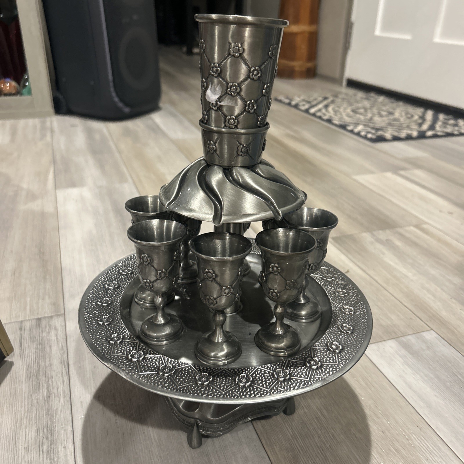 Flower Quilted Design Pewter 8-Cup Kiddush Wine Fountain Flower Quilted Design Pewter 8-Cup Kiddush Wine Fountain