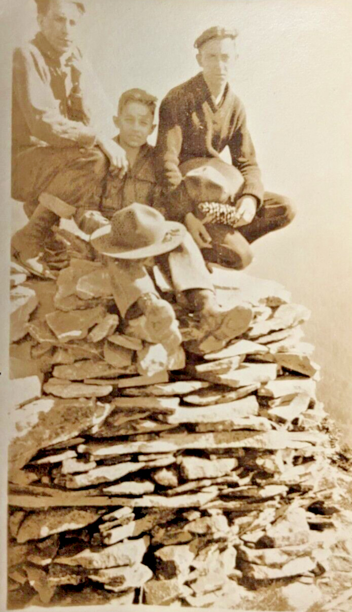 Vintage Found Photo Young Men Boy Pose on top of Rock Pile Boy Scouts Master