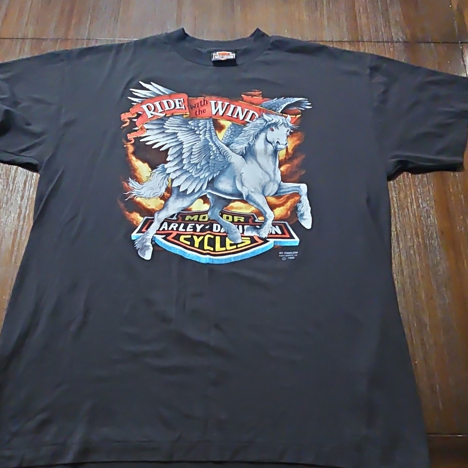Vintage 1990 Harley Davidson 3D Emblem Ride With The Wind Pegasus T-Shirt XL