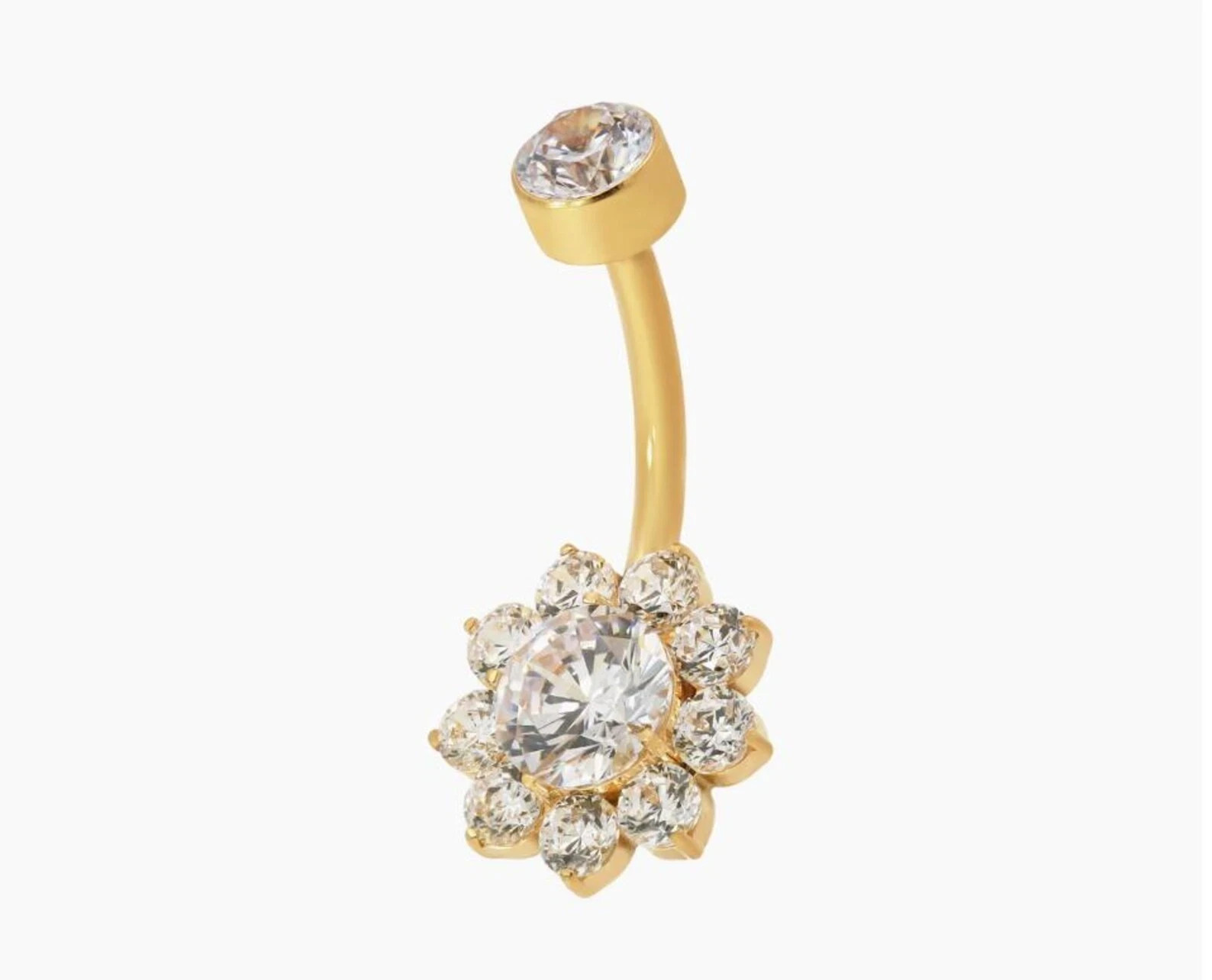 Dainty 18K Yellow Gold Over Diamond Navel Piercing Halo Flower Belly Button Ring