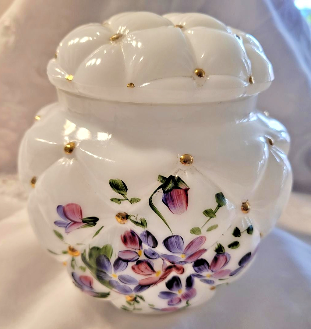 SALE Rare  Antique Fenton Quilted Milk Glass Covered Jar Hand Ptd Pre Logo 1920