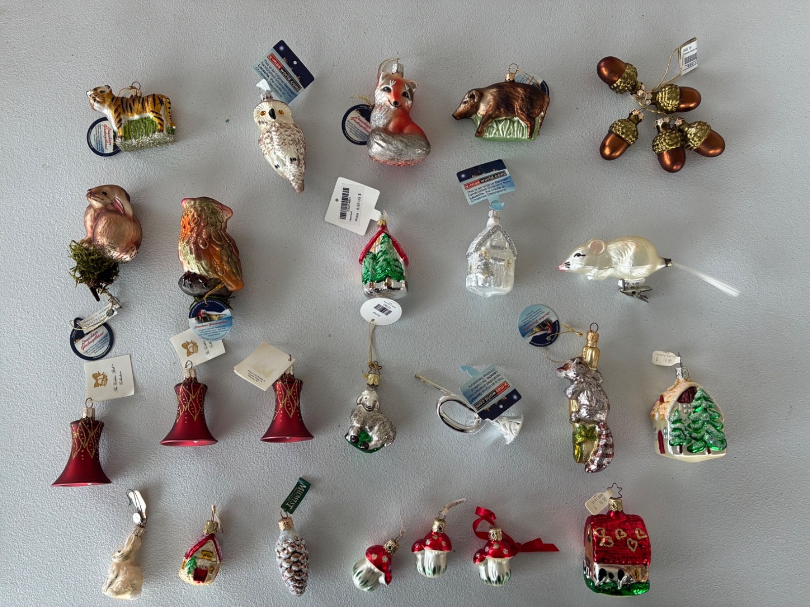 24 Vintage Glass Christmas Ornaments German USA Animals Houses Bells w Tags