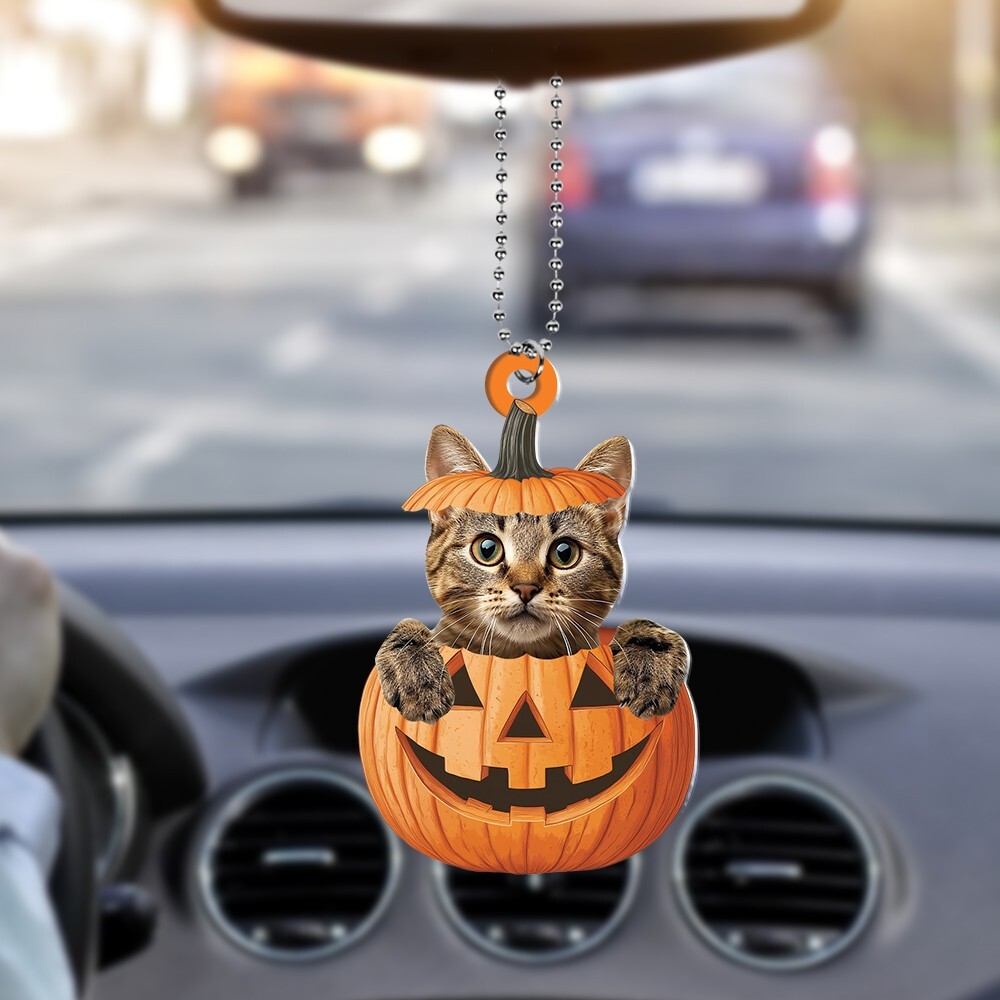 Munchkin Cat Pumpkin Holiday Car Ornament, Munchkin Cat Halloween Ornament Decor