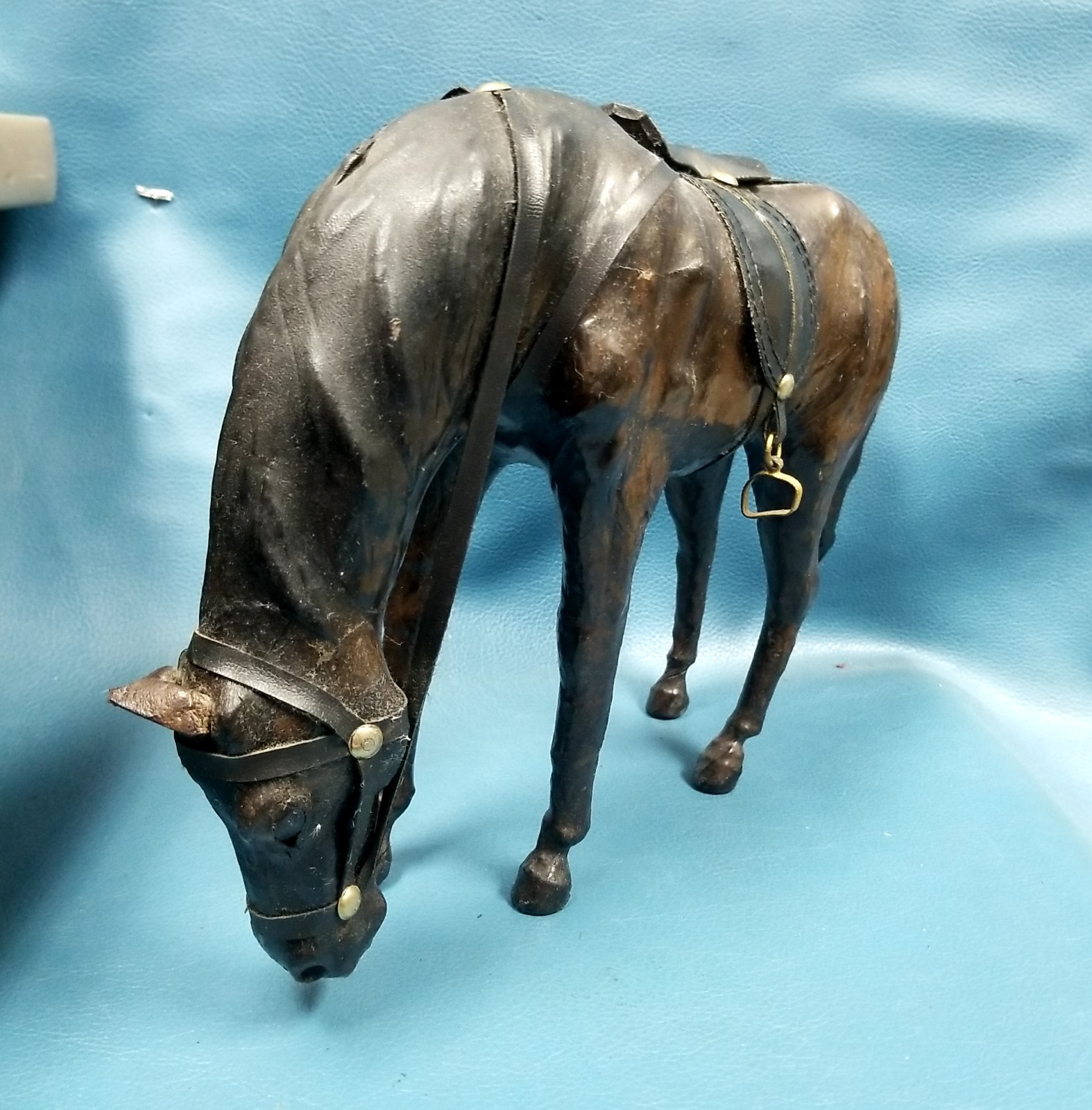 VTG Leather Wrapped Horse Figurine Sculpture w Saddle + Reigns 13