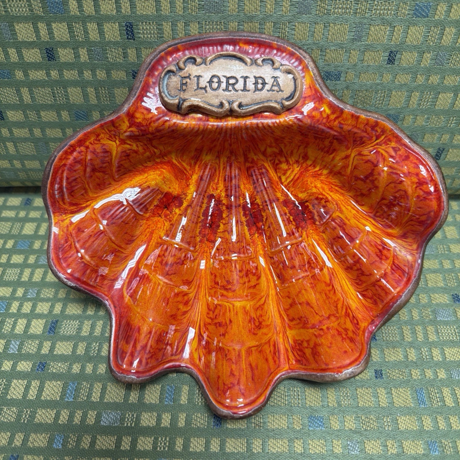 Vintage Treasure Craft Orange FLORIDA Clam Seashell Trinket Dish Souvenir - 7”