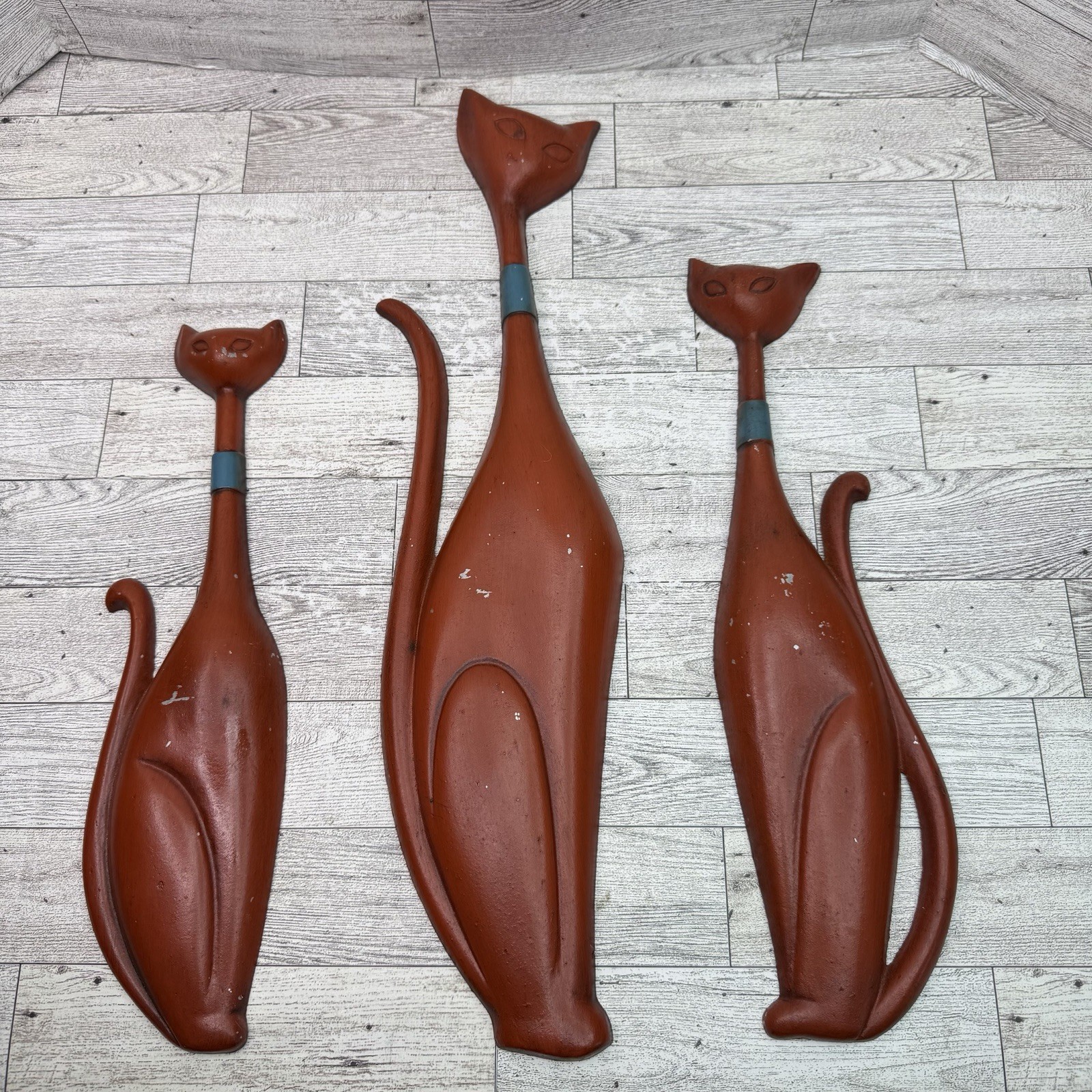 3 Set Vintage Sexton USA Mid Century Metal Wall Art Siamese Cats MCM Orange