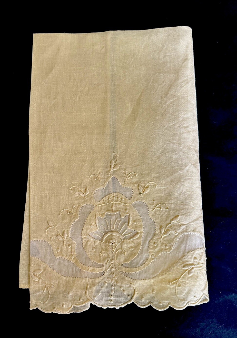 Pair Yellow Linen Hand Towel Embroidered W/ Organdy  Inset 20” X 13” Vintage - 2