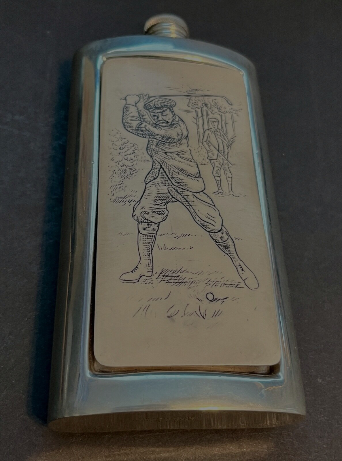 PEWTER FLASK GOLFER English Pewter Sheffield England Scrimshaw VINTAGE