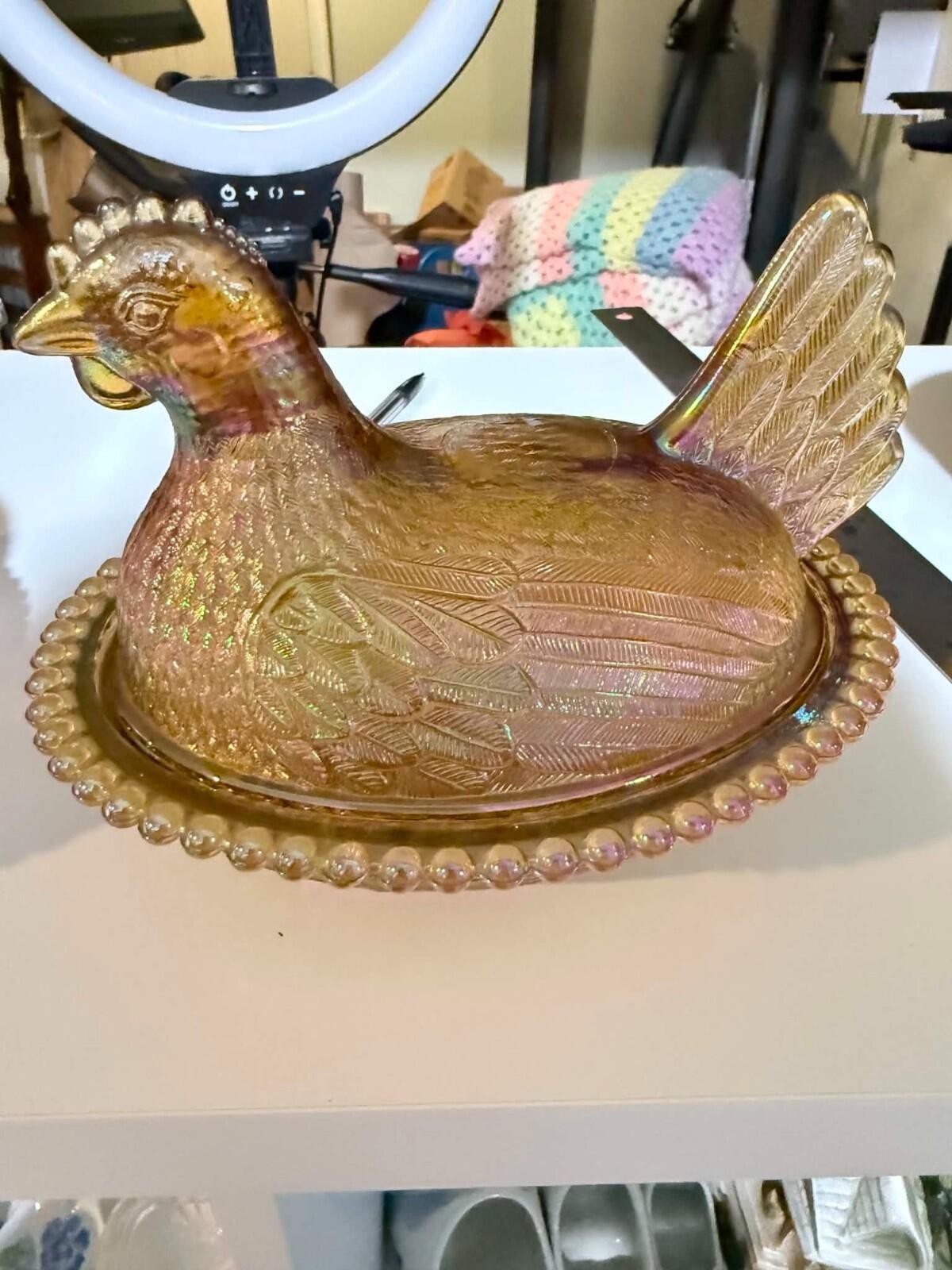 Indiana Glass Iridescent Amber Carnival Hen on Nest 7\