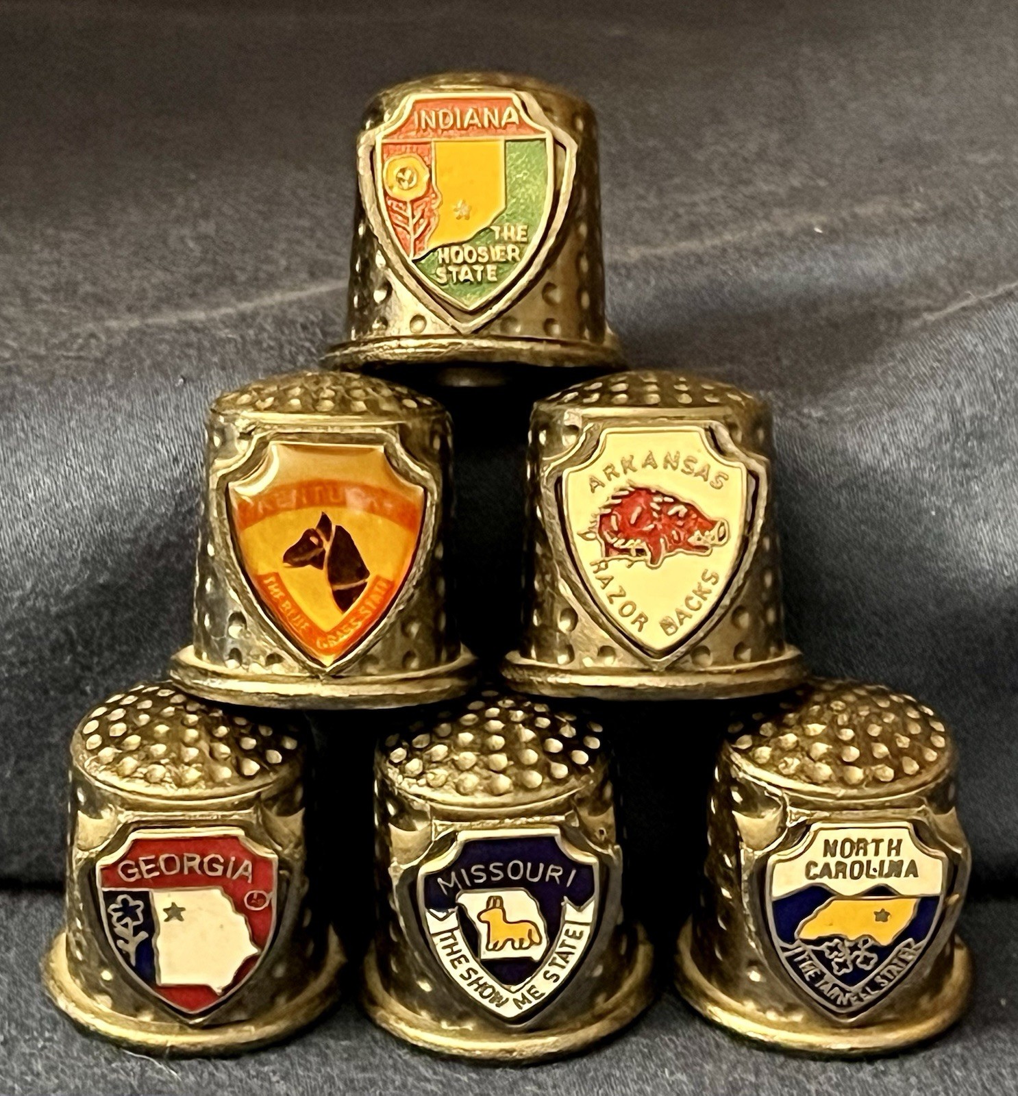 Lot of 6 Vintage State Souvenir Thimbles Pewter Enamel NC MO IN AR KY GA Travel Lot of 6 Vintage State Souvenir Thimbles Pewter Enamel NC MO IN AR KY GA Travel