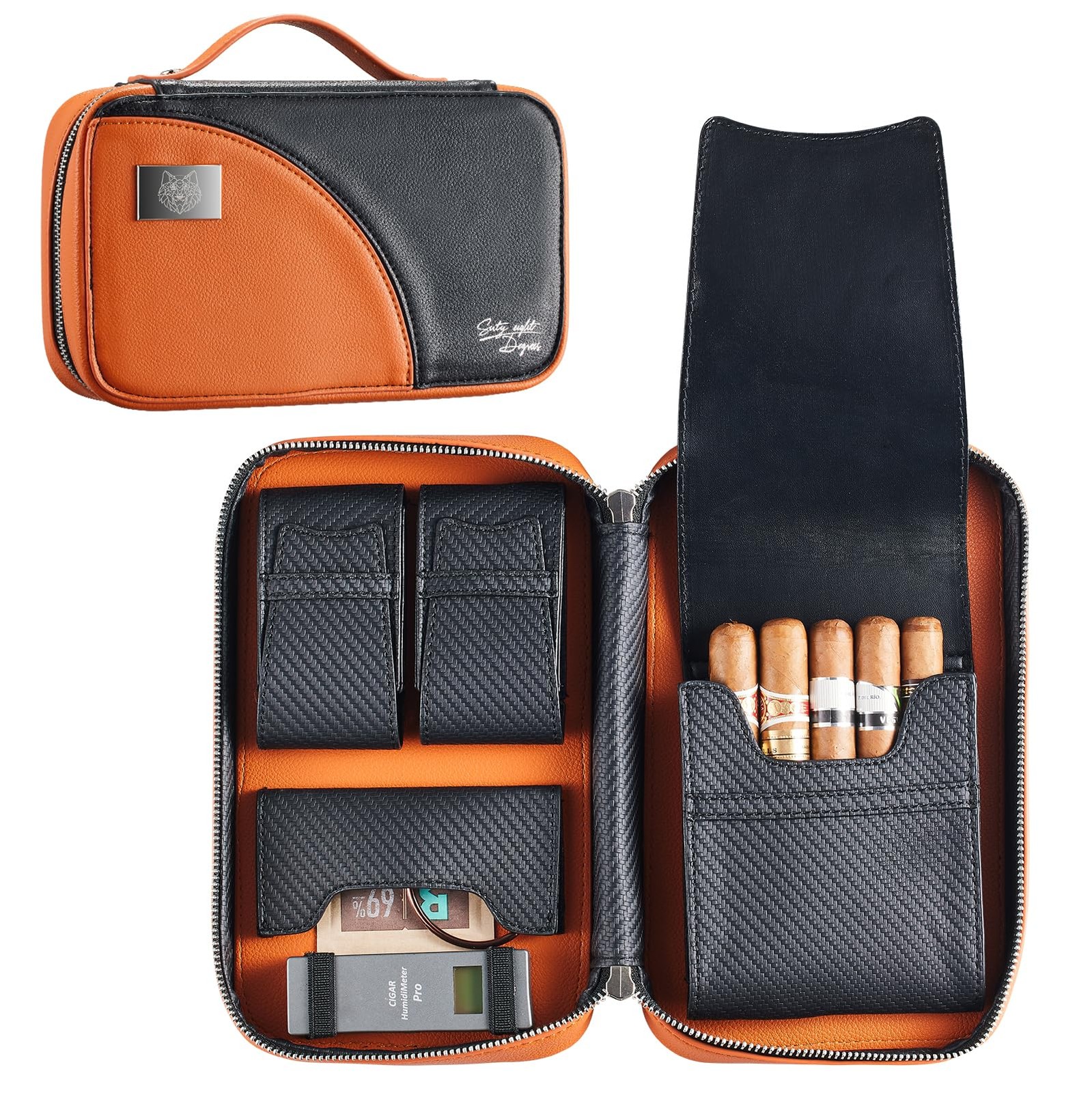 68 Degrees Leather Cigar Case for 5 Cigars – Orange Travel Humidor with 3