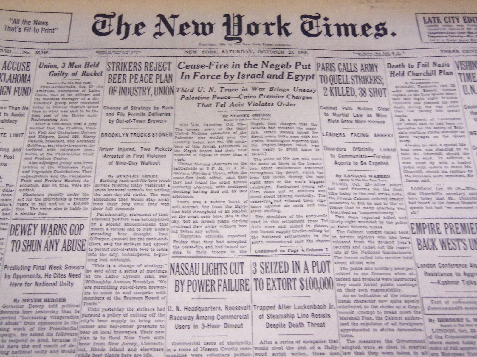 1948 OCTOBER 23 NEW YORK TIMES - CEASE FIRE IN THE NEGEB - NT 3388