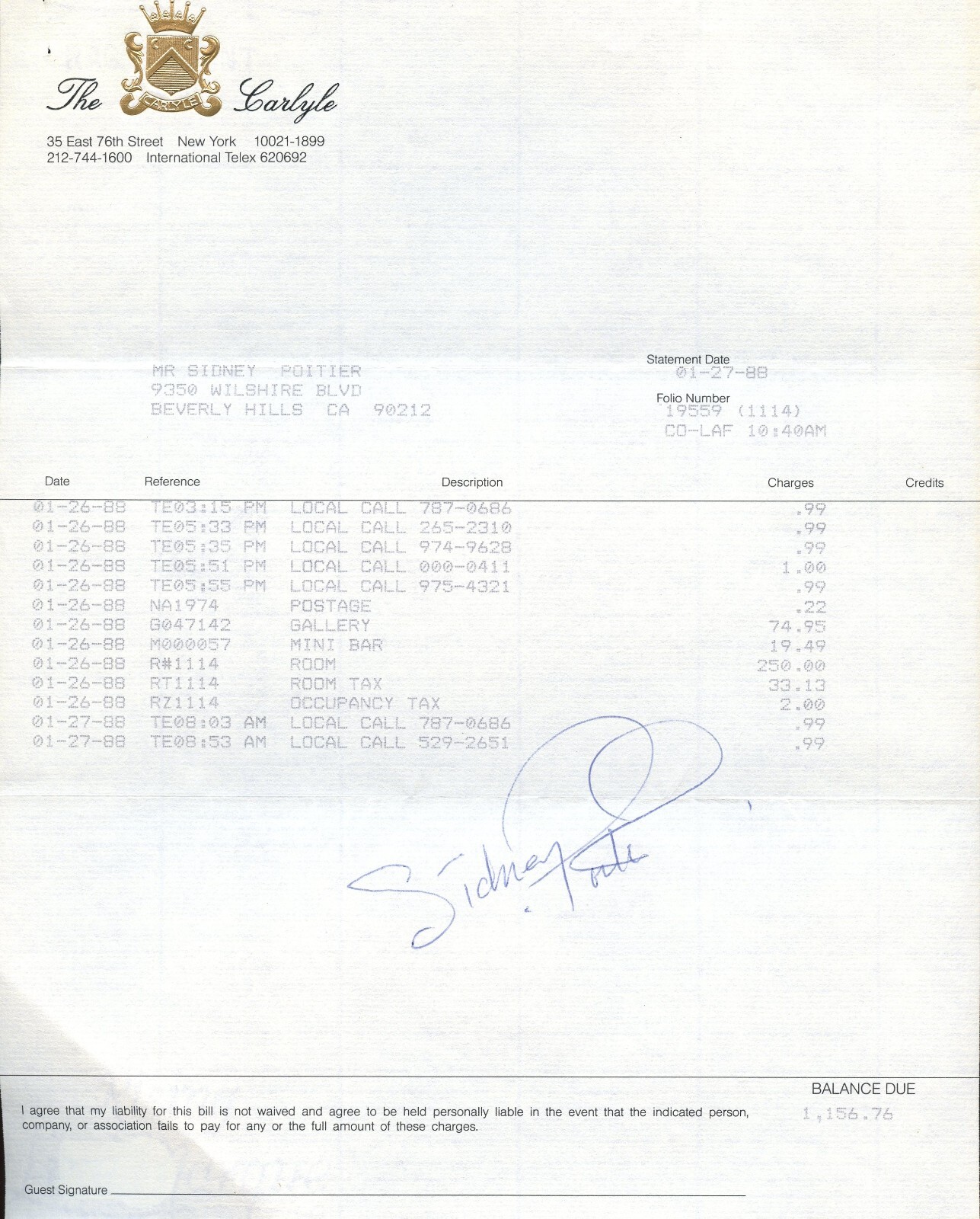 Sidney Poitier signed autograph The Carlyle NY Hotel Statement Actor BAS