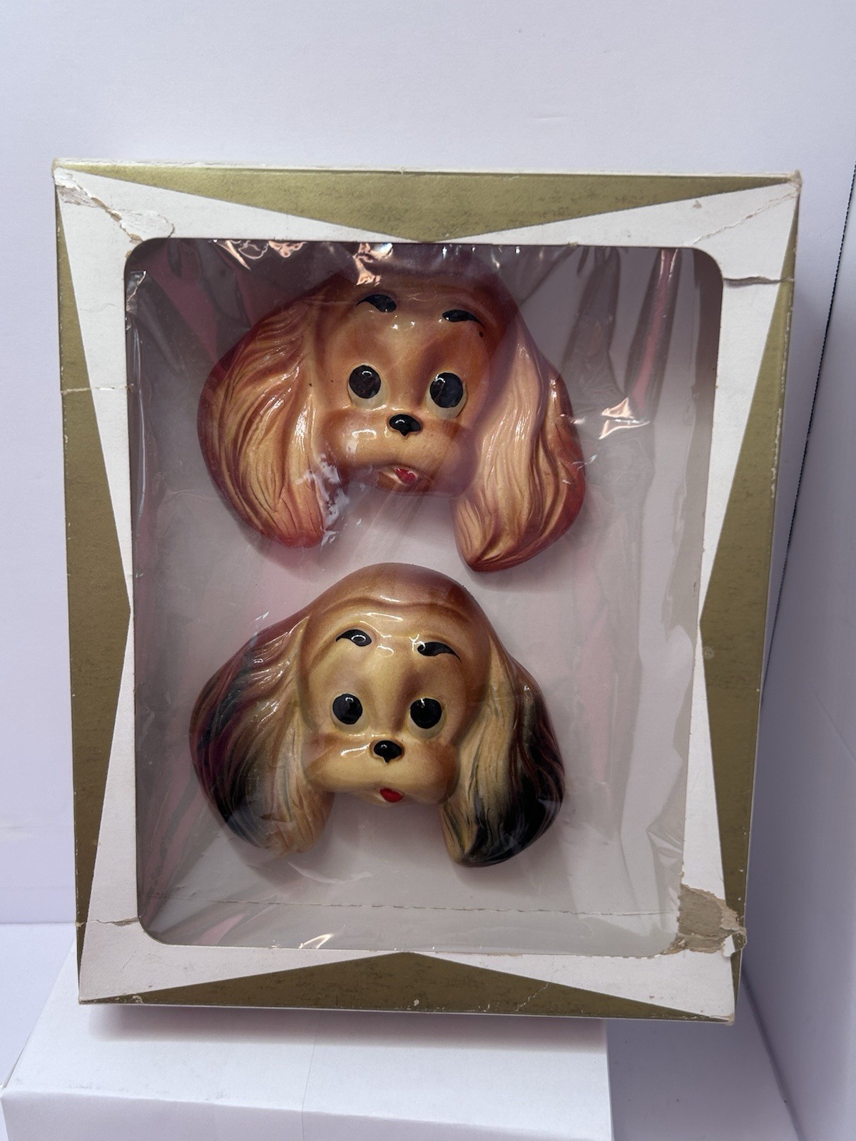 2  VTG Cocker Spaniel Dogs Chalkware Miller Studios 1952 Wall Hanging Kitsch NOS