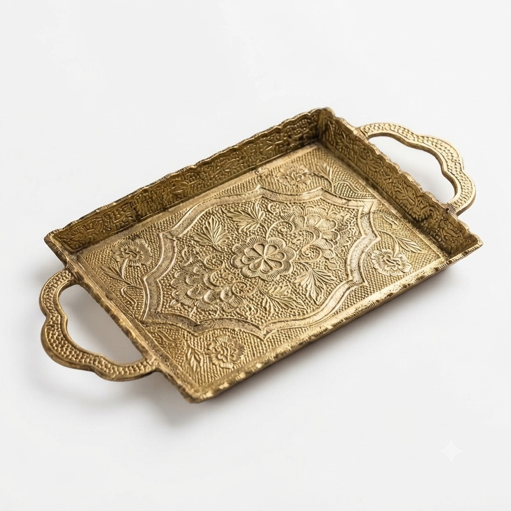 Handcrafted Brass Serving Tray Engraved Antique Gold Tray with Decorative Handle