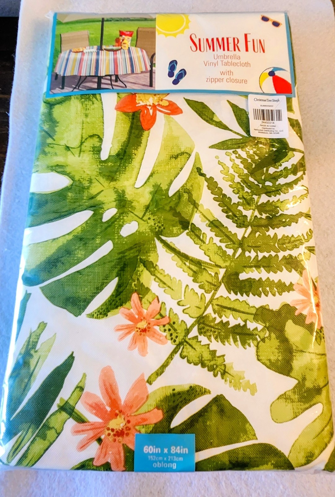 Tropical Umbrella Vinyl Tablecloth w/Zipper Closure Polyester Flannel Back NIP 