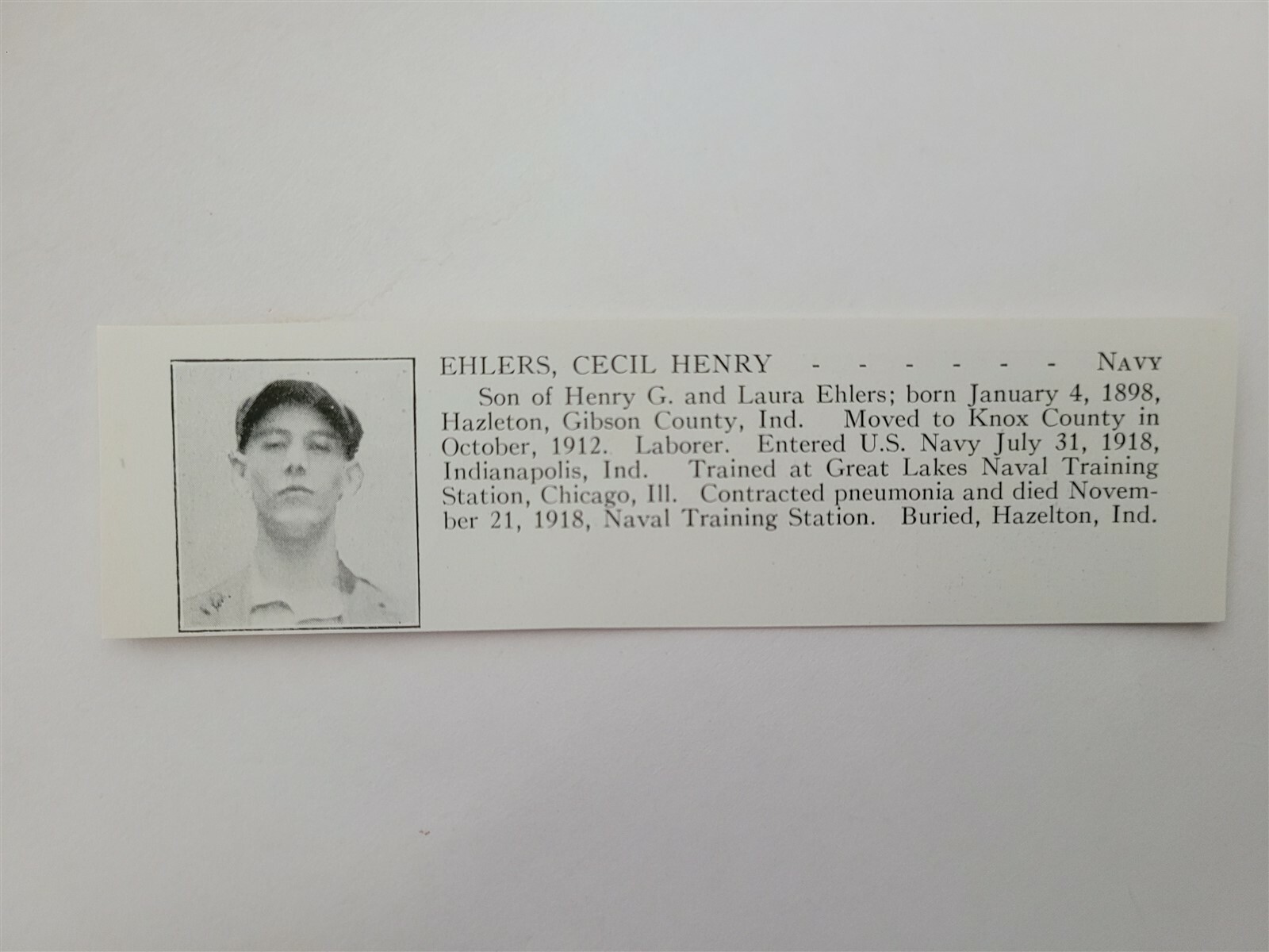 Cecil Ehlers Hazleton Indiana Great Lakes Naval Station 1921 WW1 Hero Panel
