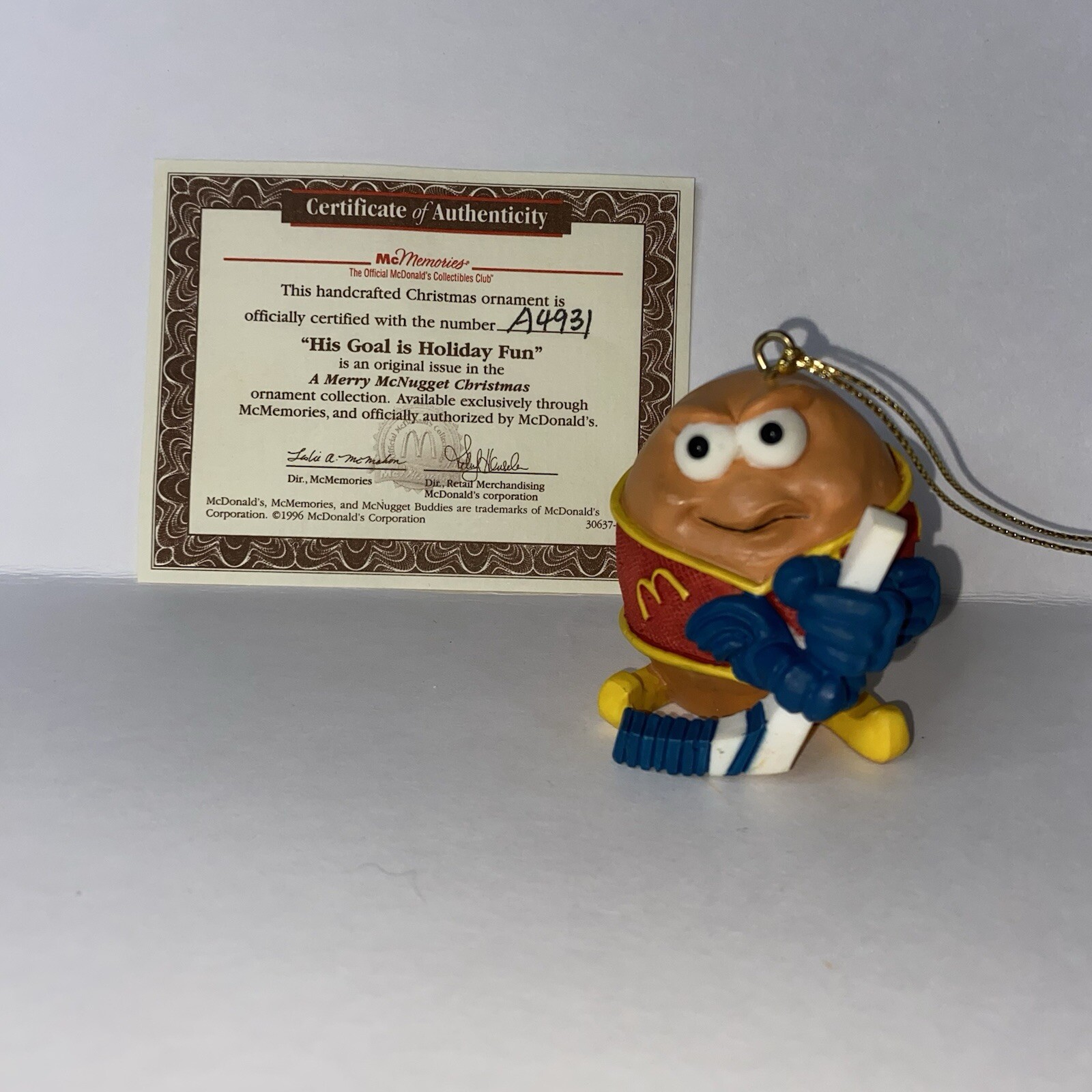 Vintage McMemories Ornament His Goal Is Holiday Fun Certificate Of Authenticity 