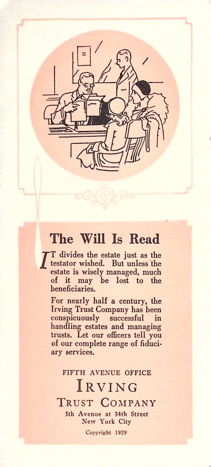 Vintage 1929 Irving Trust Company NYC Estate Trust Will Advertising Card