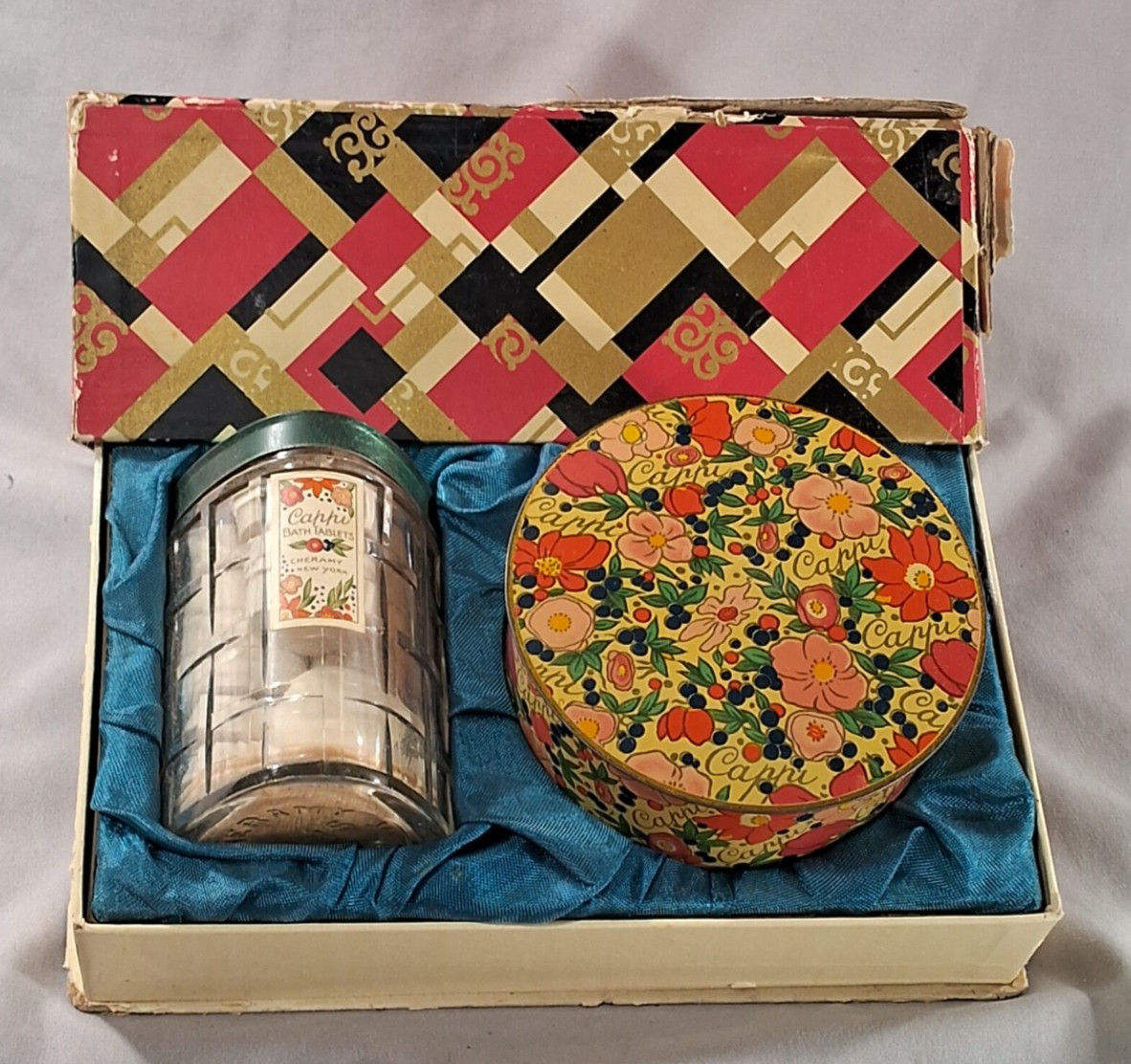 Art Deco VINTAGE POWDER  & Bath Tablets TIN & Glass CAPPI CHERAMY  NOS Gift Box