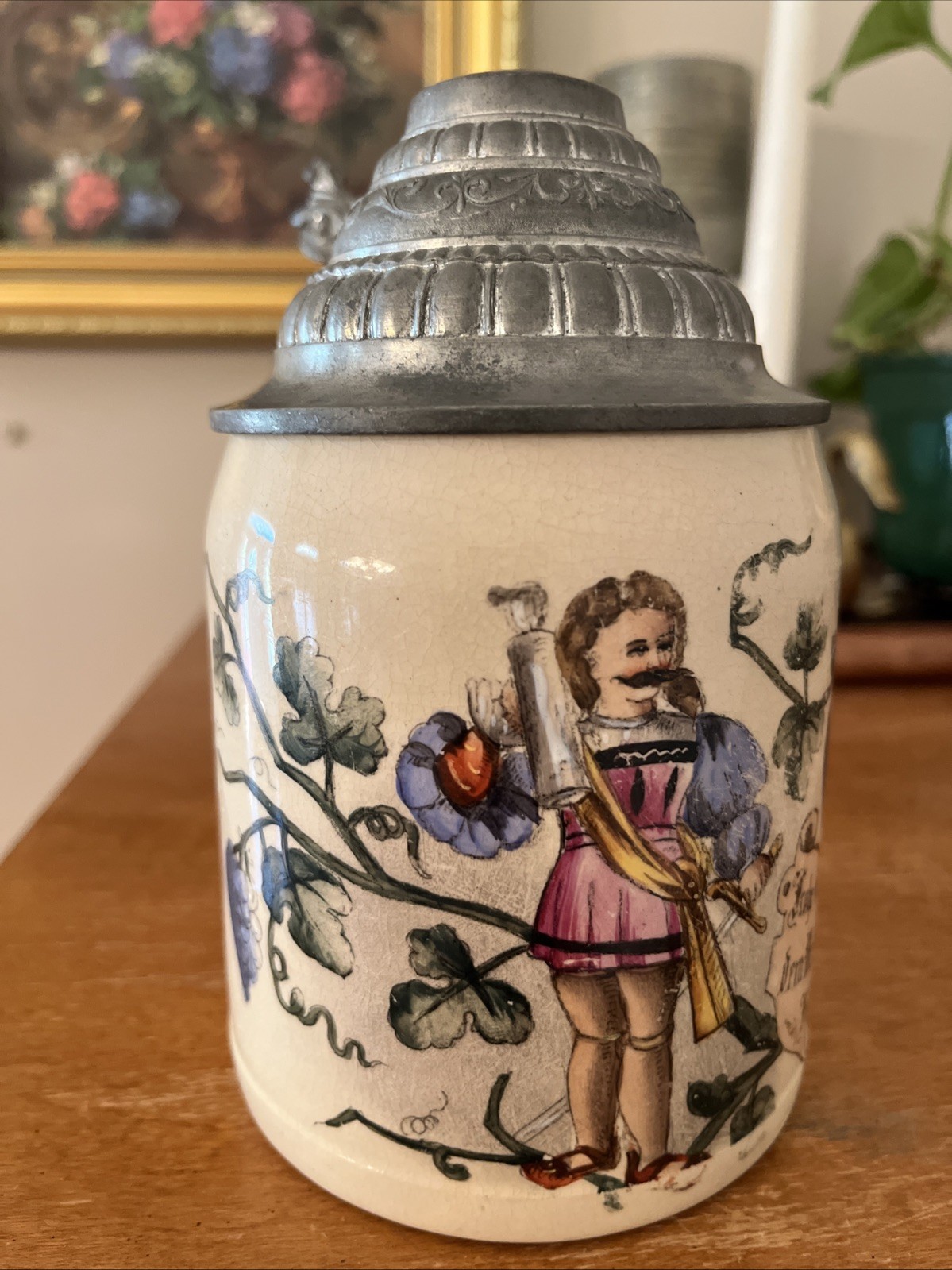 Antique Vtg Mettlach Geshafte 1/2 Ltr German Pewter Lidded Stein