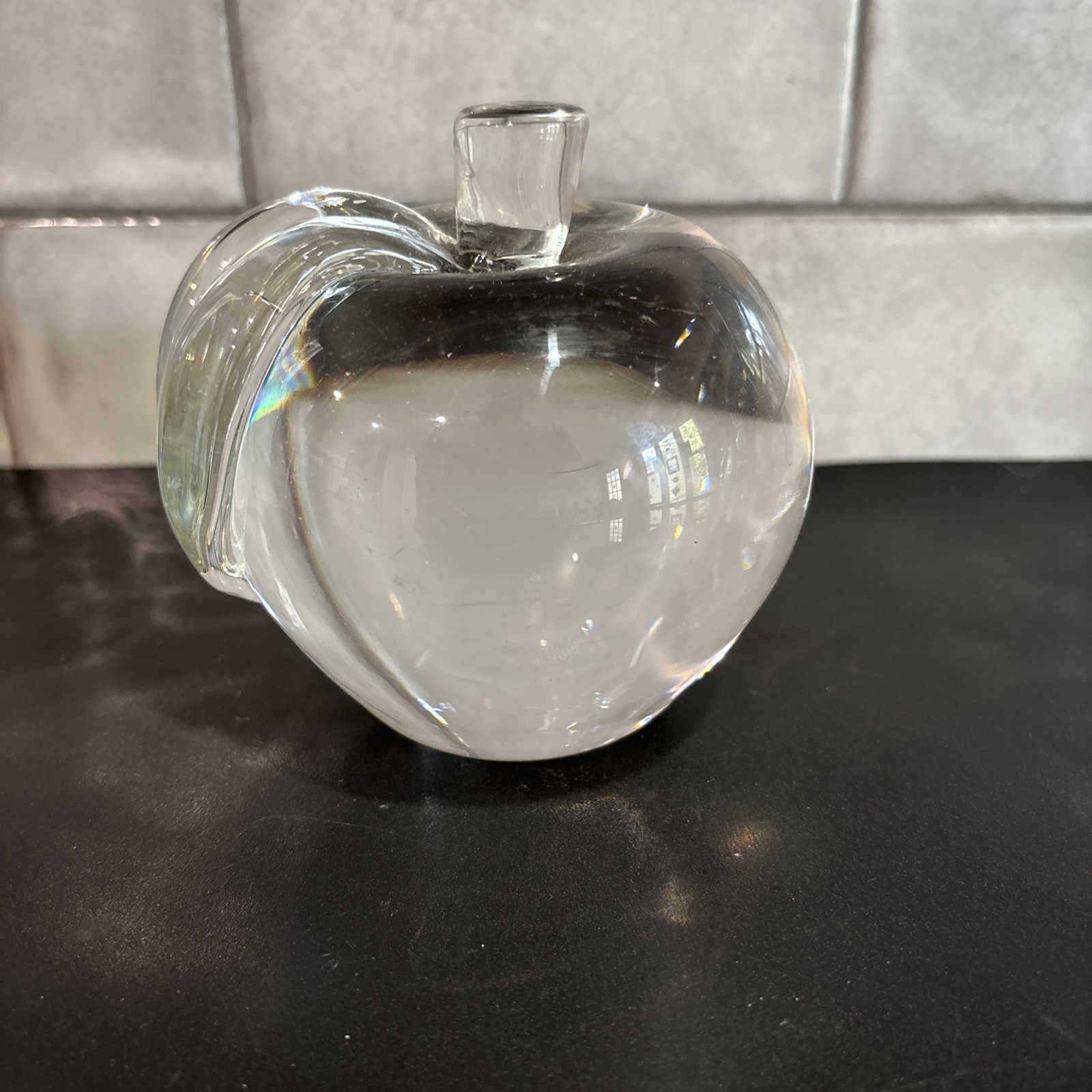 Vintage Clear Crystal Glass Apple Paperweight with Leaves