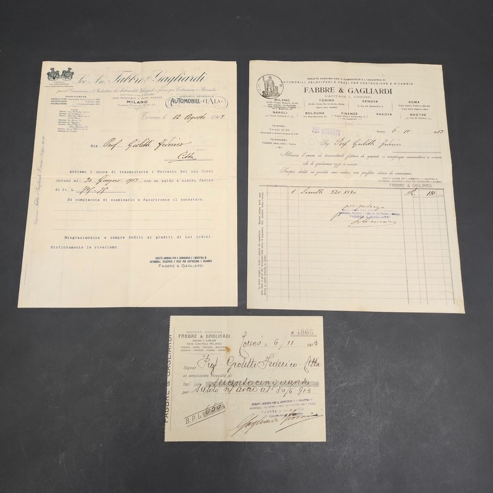 Lot of 3 invoices company Fabbre e Gagliardi in the name Giolitti Federico