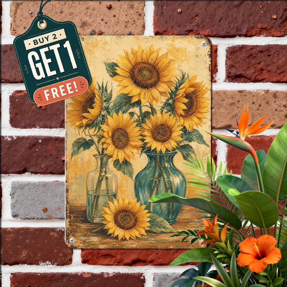 Sunflower Still Life Illustration Two Glass Vases Composition Metal Tin Sign