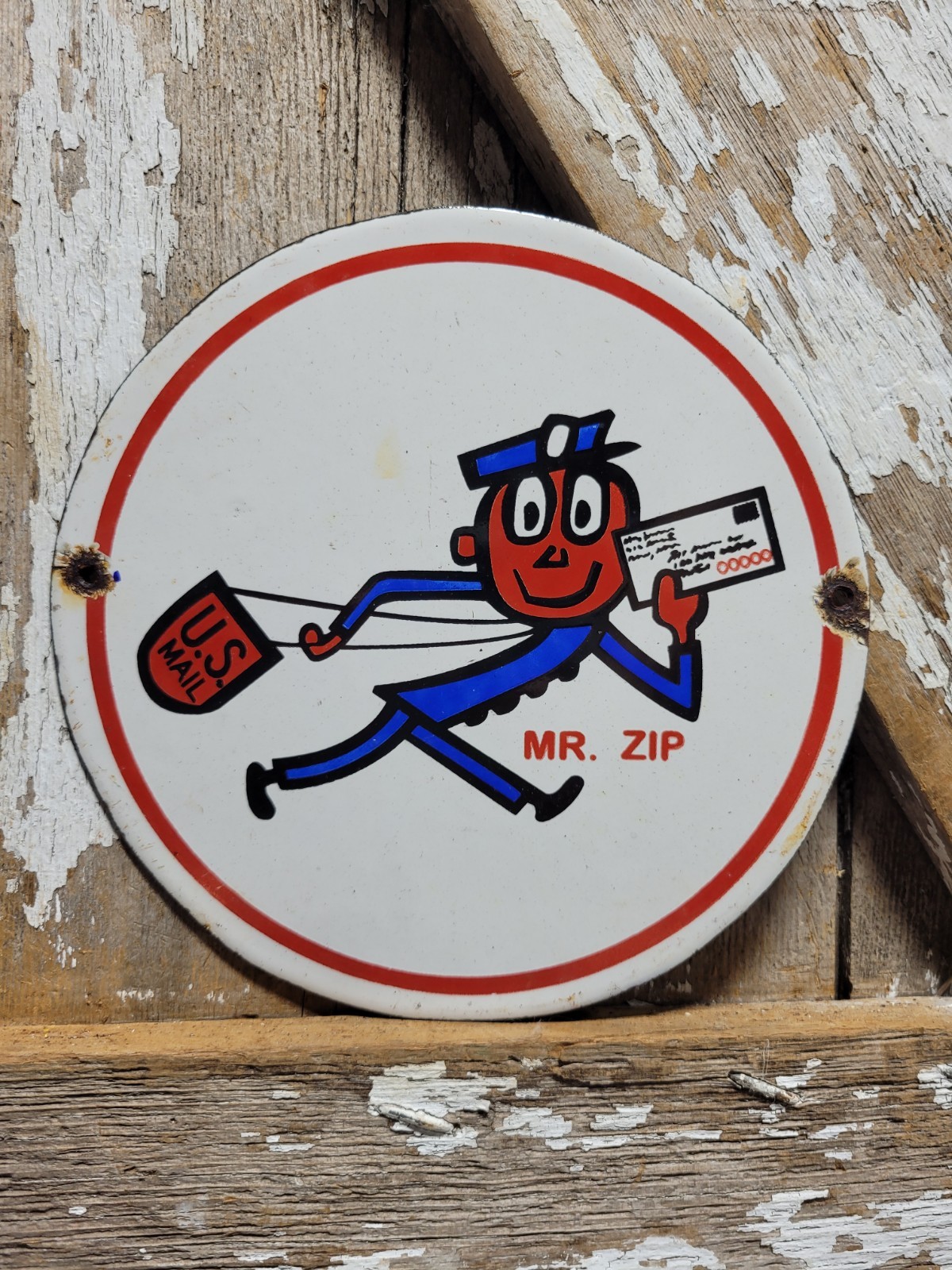 VINTAGE MR ZIP PORCELAIN SIGN OLD US MAIL POSTAL CARRIER MAILMAN CARTOON MASCOT