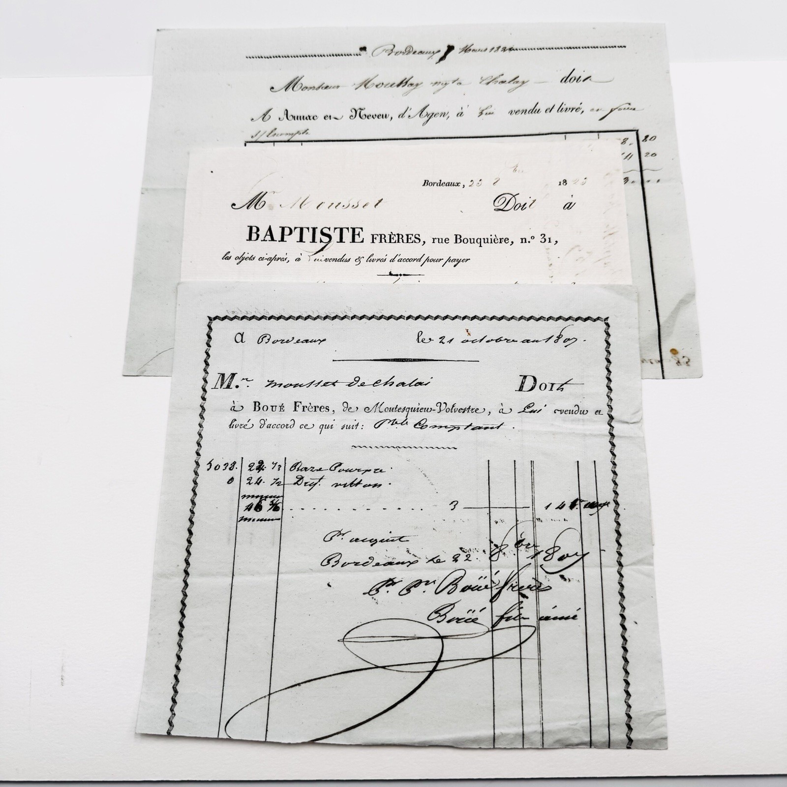 Lot of 3 Antique French Invoices 1807-1880s Mousset Family Bordeaux Agen
