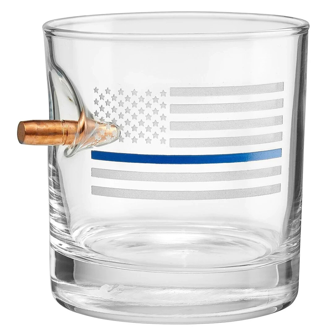 Original BenShot 308 Police Thin Blue Line Rocks Glass w/Real Bullet Cop Gift