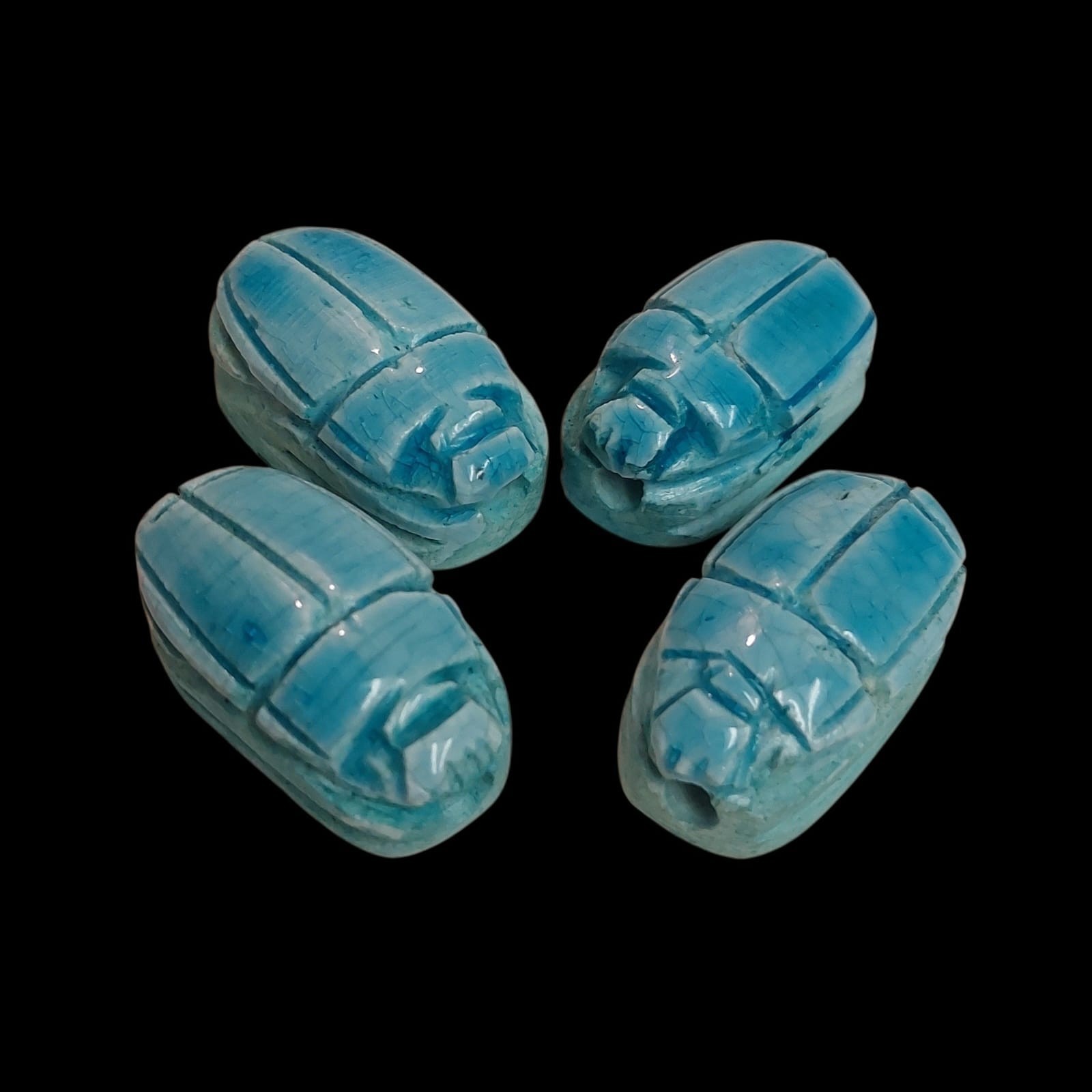 4 Vintage Egyptian Blue Stone Scarabs/Beetles/Amulets ~Ancient Egypt Lucky Charm