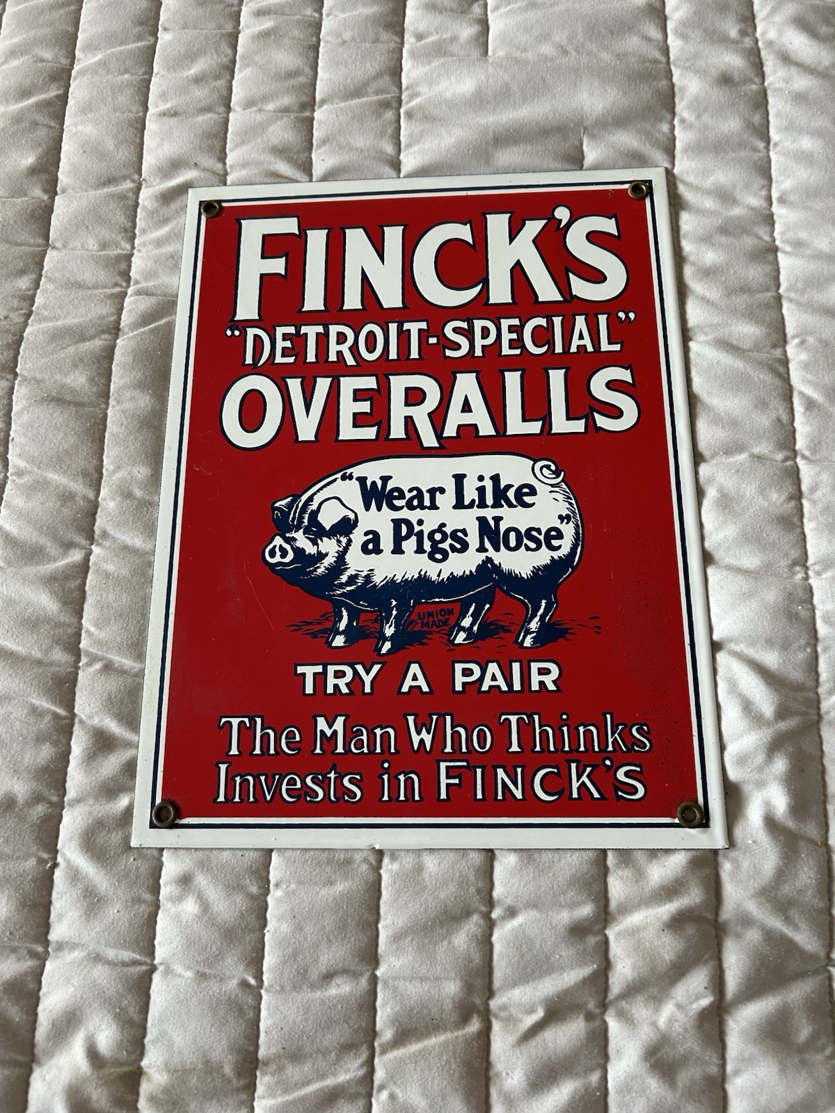 Finck’s Vintage Original Overalls Union Made 1930s Porcelain & Steel Sign 9”x12” Finck’s Vintage Original Overalls Union Made 1930s Porcelain & Steel Sign 9”x12”