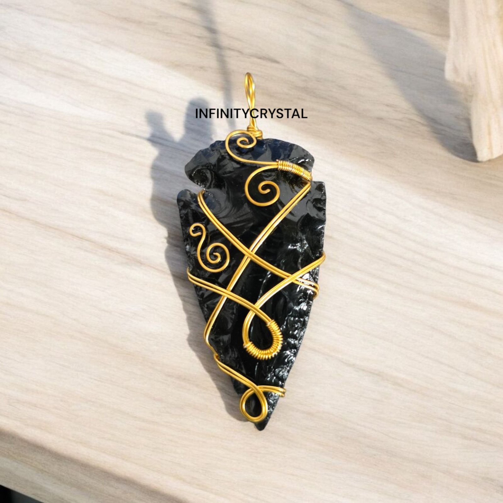 Handmade Obsidian Arrowhead Pendant Necklace 2” Gold Wire Wrapped Crystal Stone.