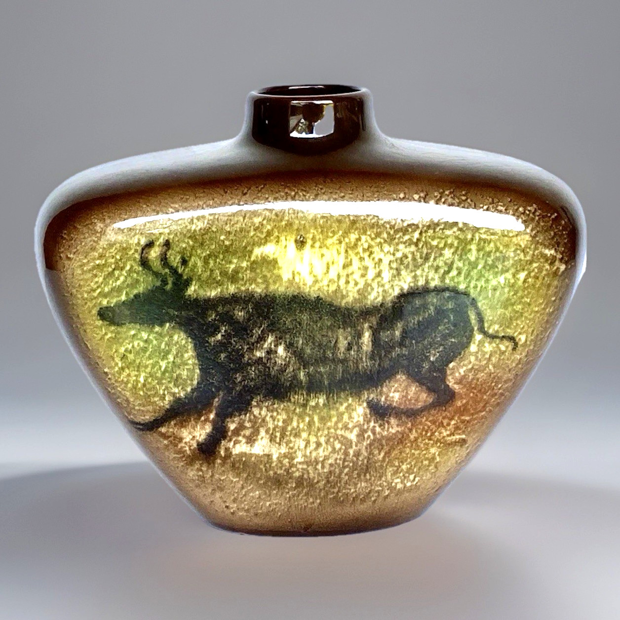 Mid-Century Ceramic Vase by Seyei after Lascaux Cave Art, Bull & Bison 6-1/2\