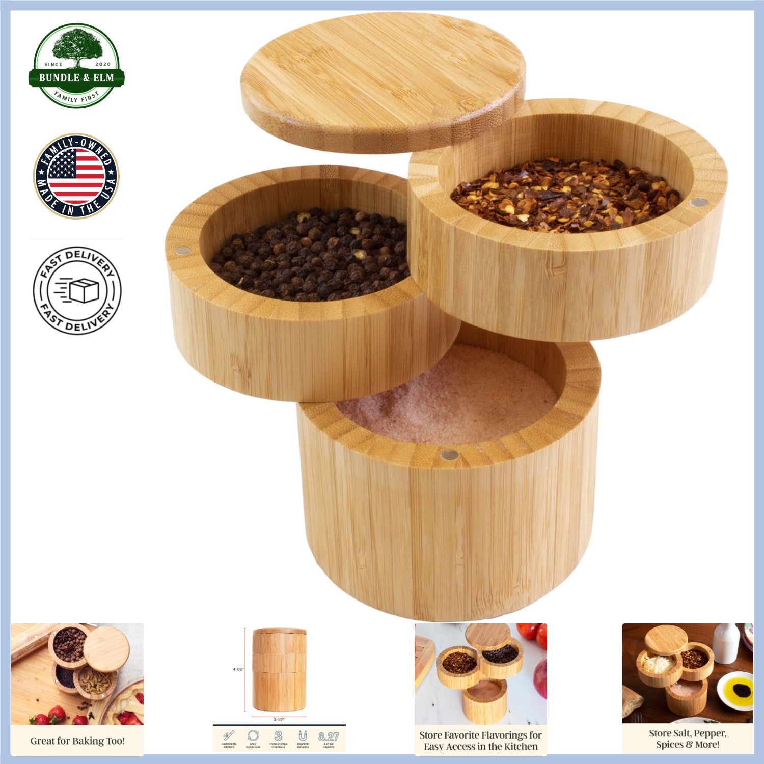 Bamboo Salt Cellar with Magnetic Swivel Lids for Kitchen Seasoning Organizer Bamboo Salt Cellar with Magnetic Swivel Lids for Kitchen Seasoning Organizer