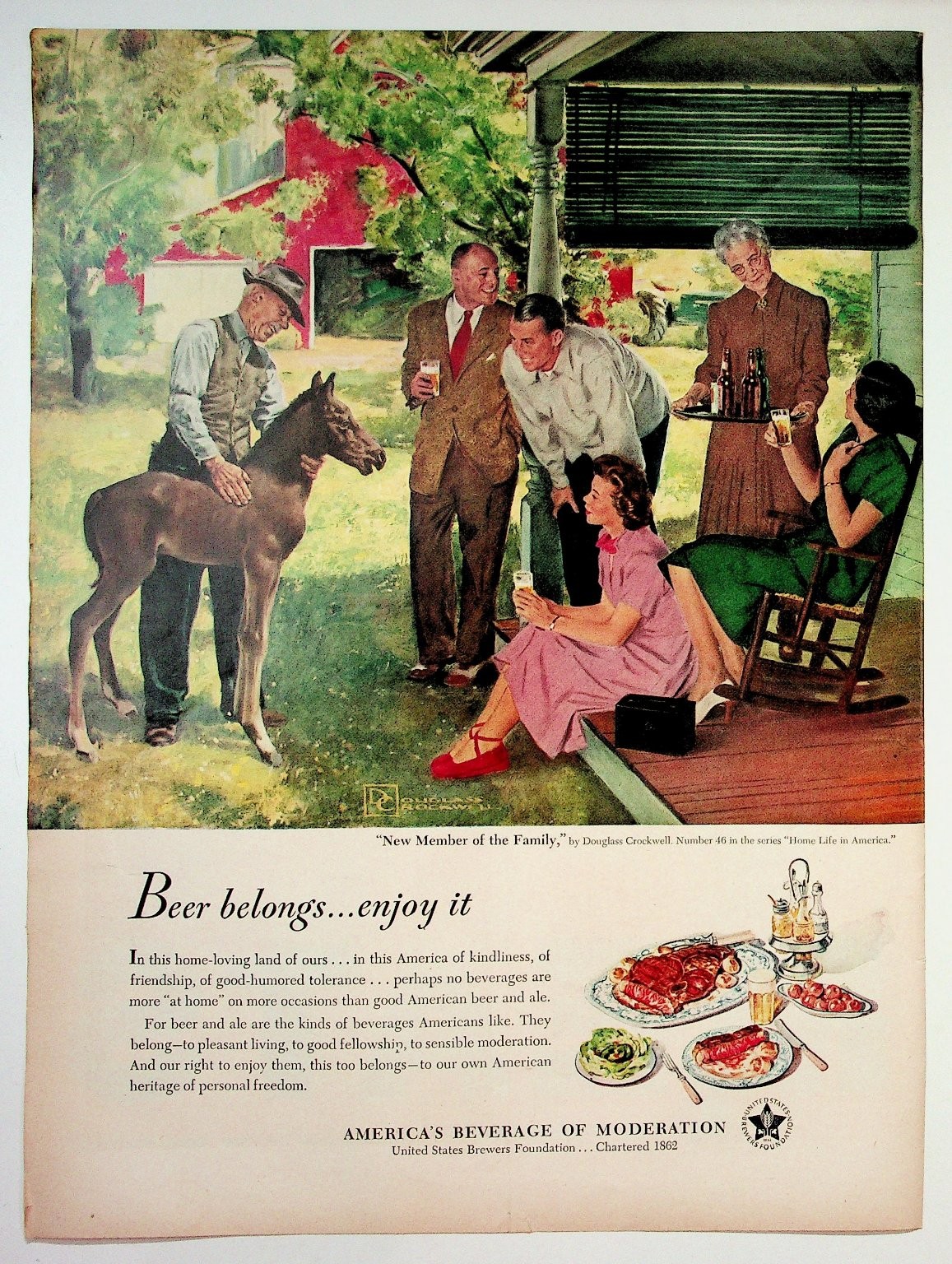 Vintage Douglass Crockwell Beer Ad New Member of the Family Home Life in America